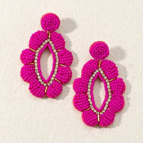Hot Pink Women's 3d Petals Resin Bead Handmade Woven Earrings - Picture 2 of 2